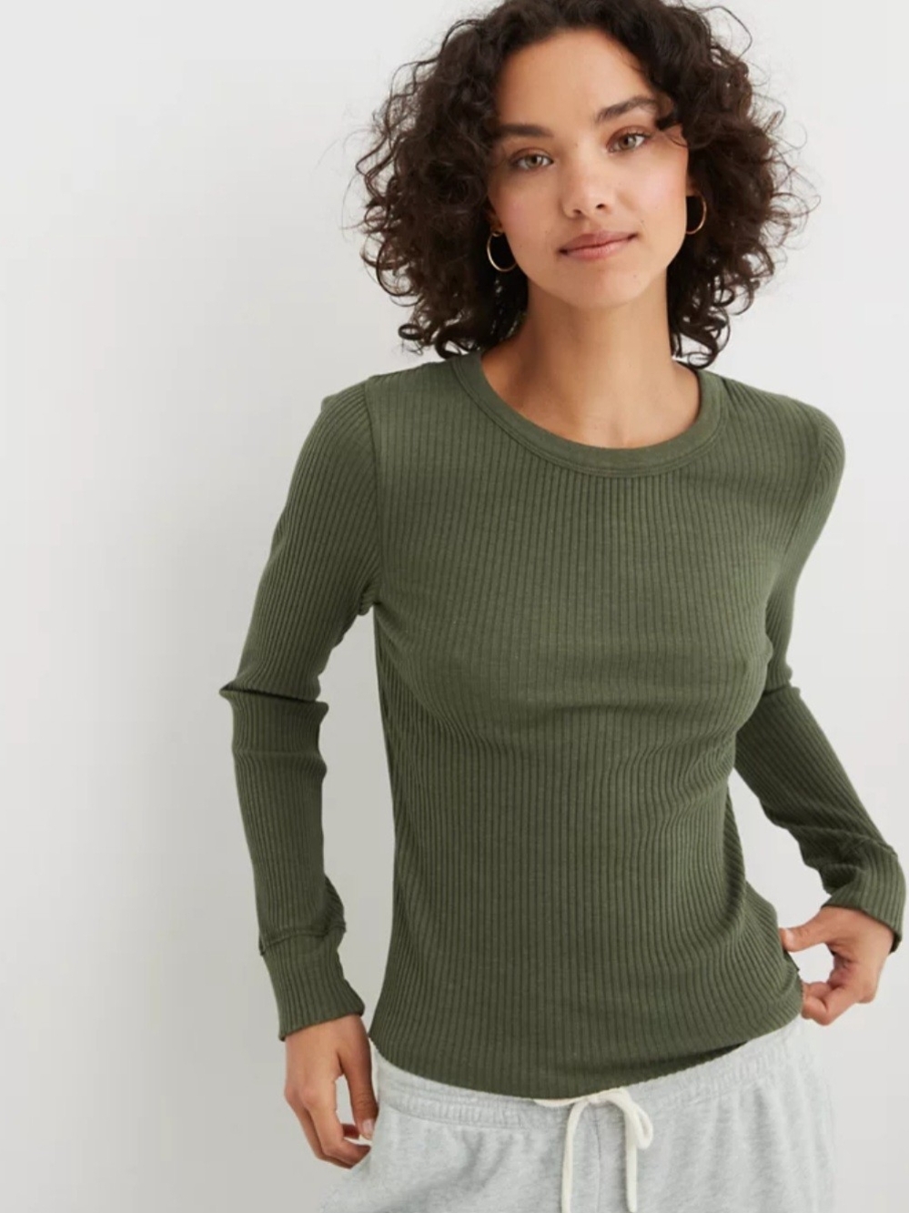 aerie Olive Ribbed Long-Sleeve Crewneck Top